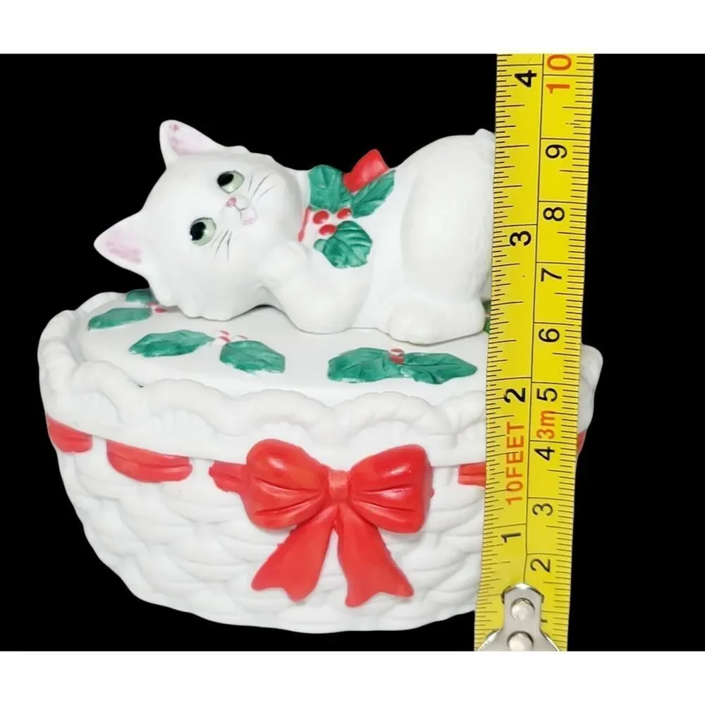 VTG Lefton Porcelain Christmas Kitty Trinket‎ Dish Bowl Holly Ribbon 1987 READ